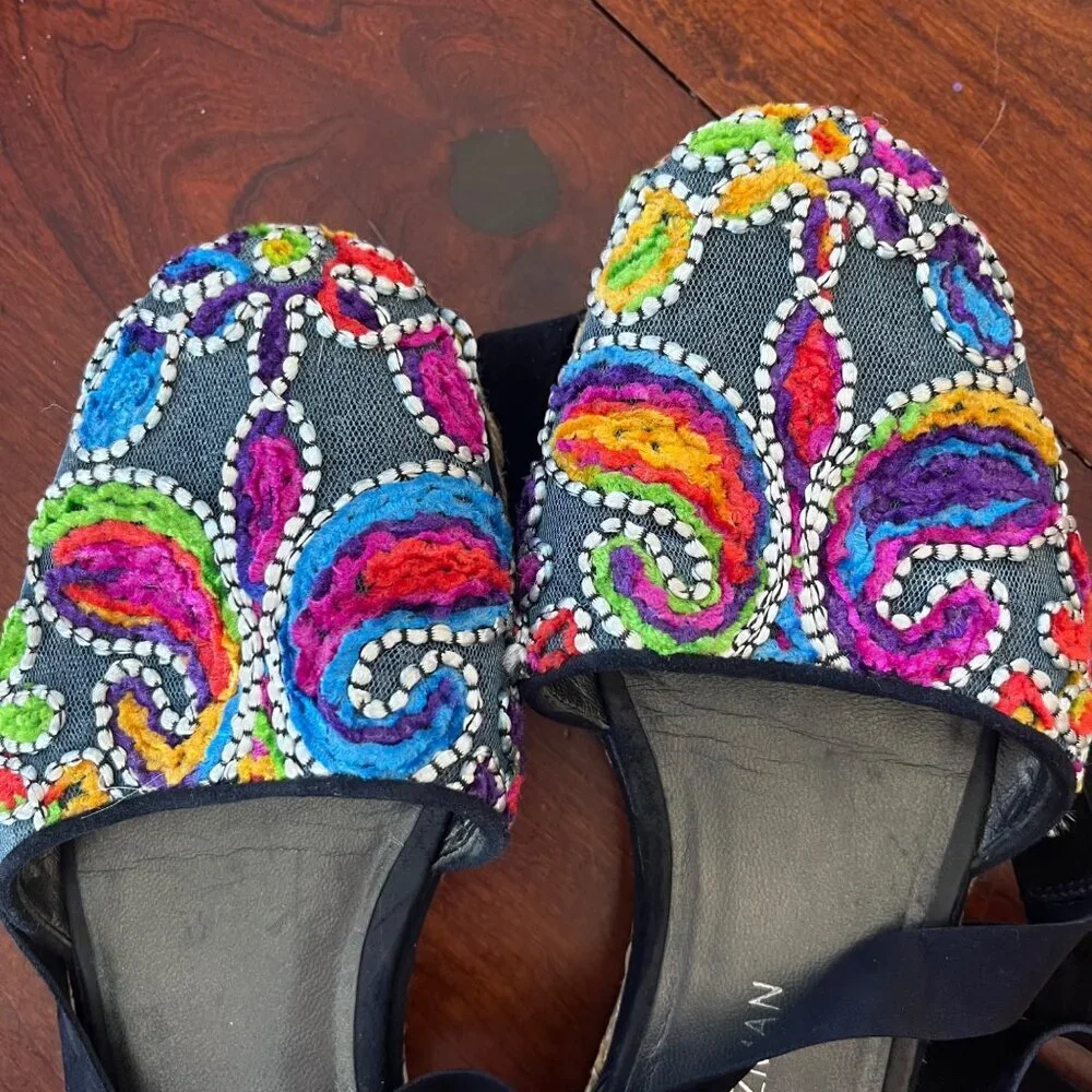 Stuart Weitzman Embroidered Denim Espadrille Flats With Black Ribbon Tie- Sz. 9.